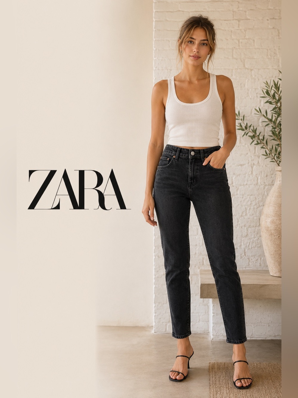 ZARA High-Rise Straight Jeans in Washed Black